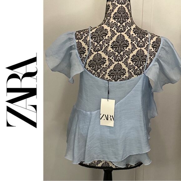 Zara Women’s Baby Blue Flutter Sleeve Off-Shoulder Ruffled Blouse - Size S‎ - Picture 3 of 3